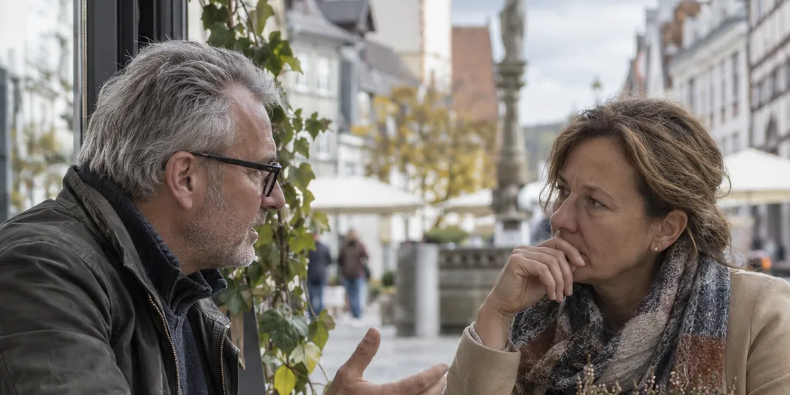 Ein Mann und eine Frau um die fünfzig im Gespräch an einem Cafétisch in einer Altstadt.