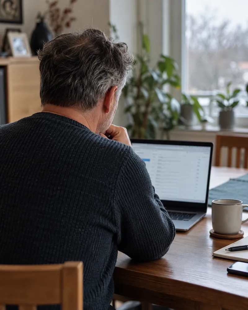 Ein Mann sitzt von hinten gesehen vor seinem Laptop am Esstisch und stützt nachdenklich das Kinn auf.
